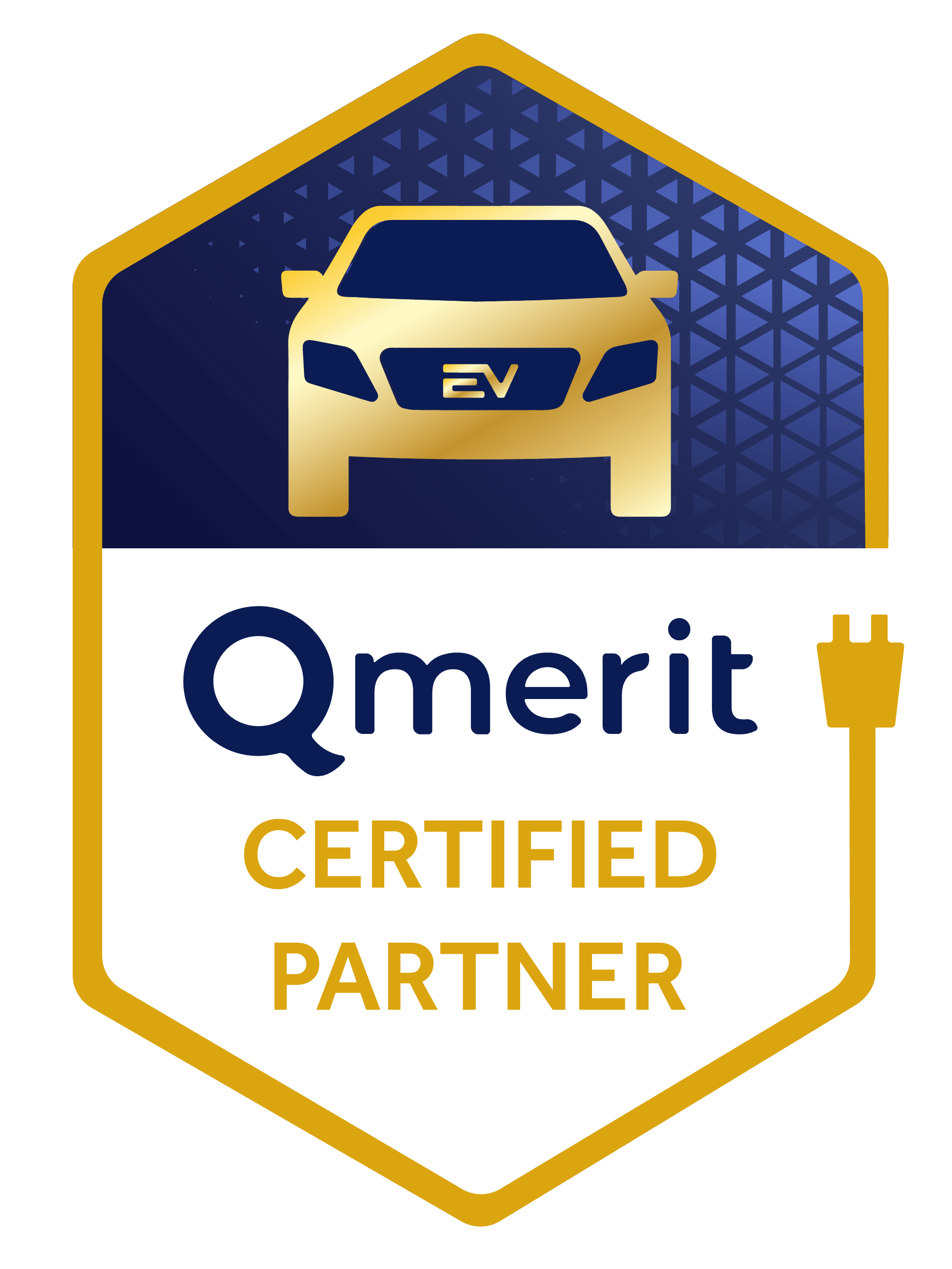 Logo featuring a car with "EV" on it, above the text "Qmerit Certified Partner," enclosed in a hexagonal border with a plug icon on the side.